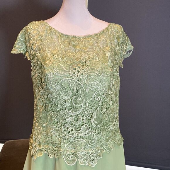 Women’s Green Chiffon & Lace Mid Length Dress with a Zip Up Back Size L NWOT - Picture 2 of 11